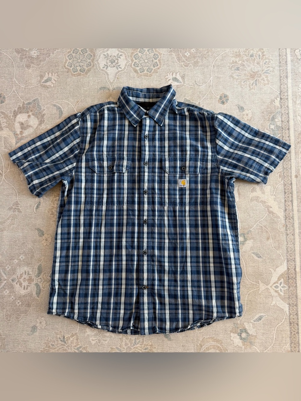 Carhartt Men's Loose Fit Blue Plaid Short Sleeve Shirt Large